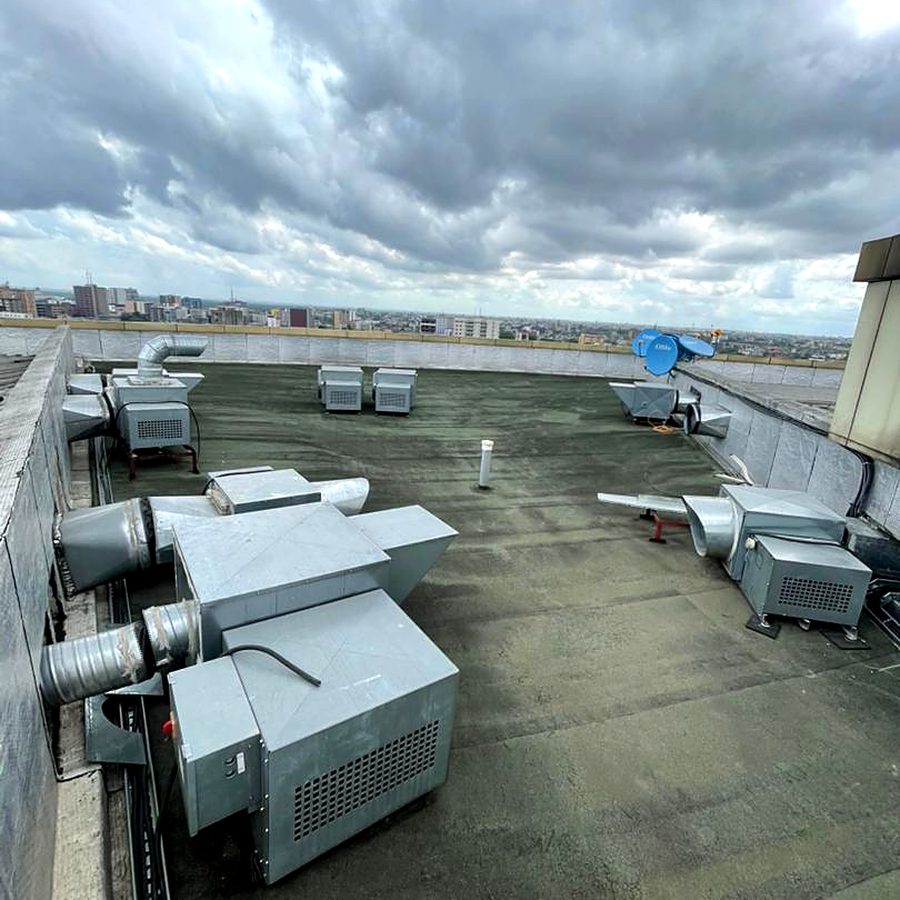 Air handling and condensing units installed on a rooftop plant deck